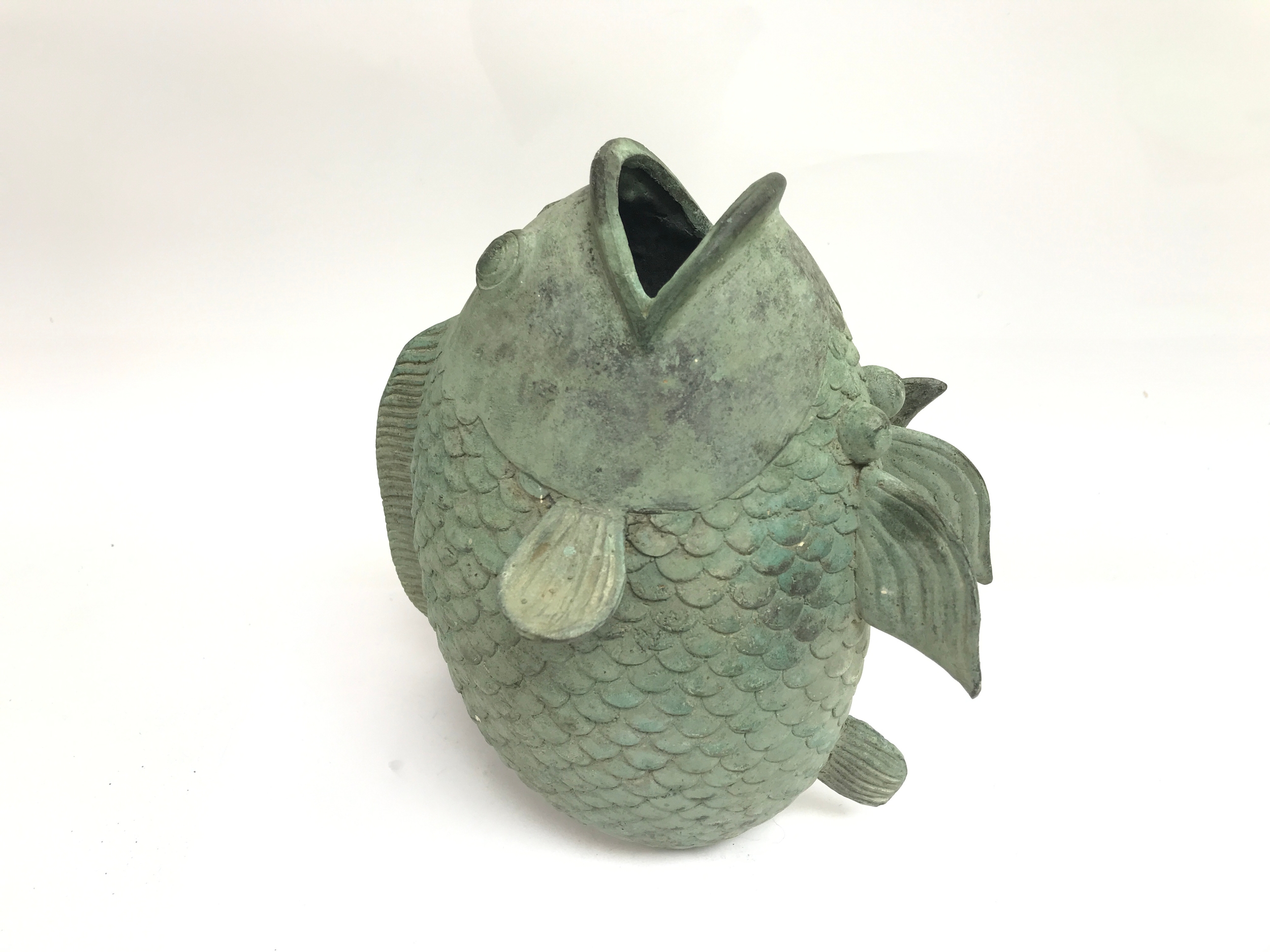 vintage green patinated bronze koi / carp fish vase. 23cm tall