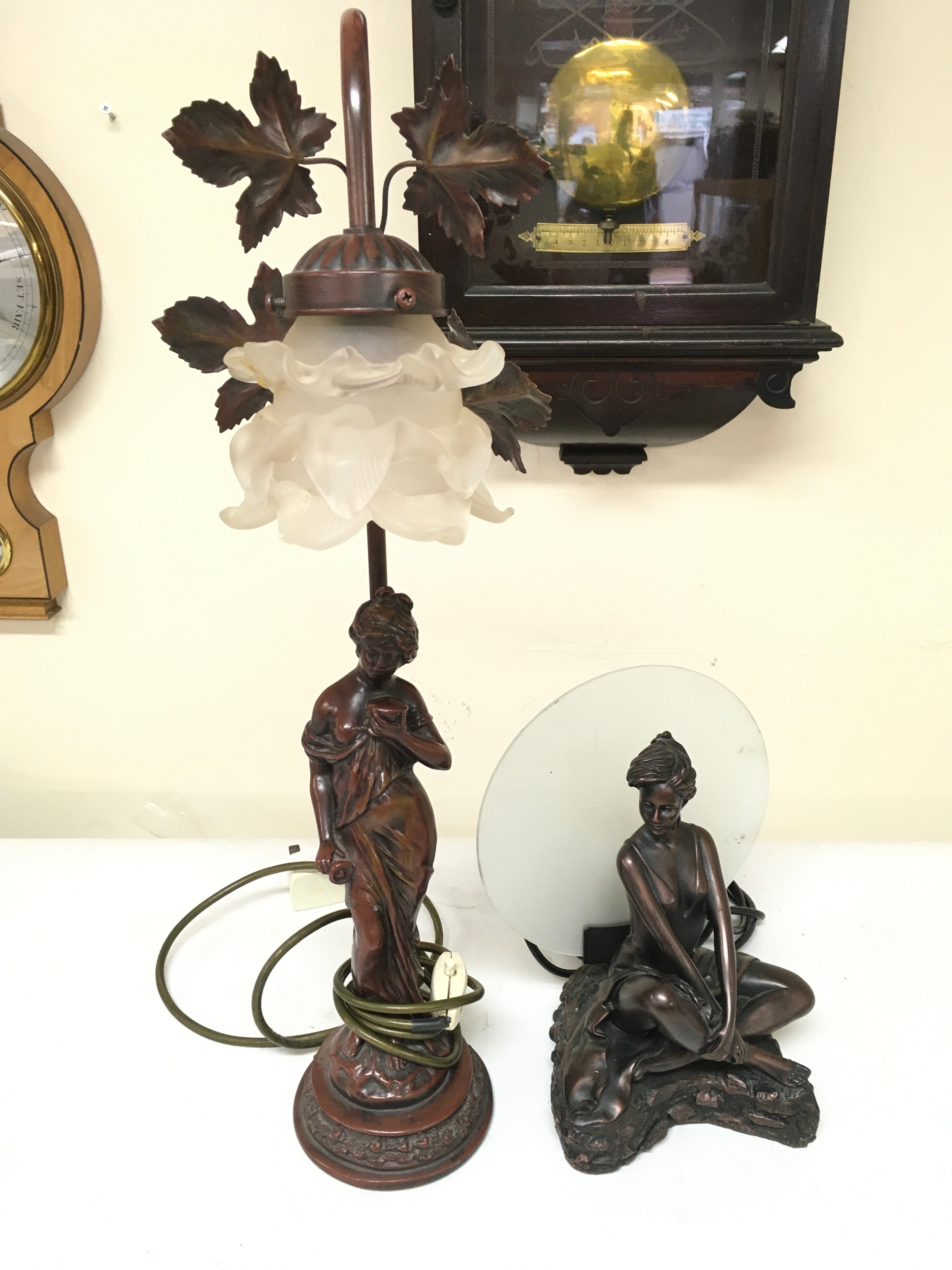 Two resin bronzed lady lamps ,25 and 55cm tall