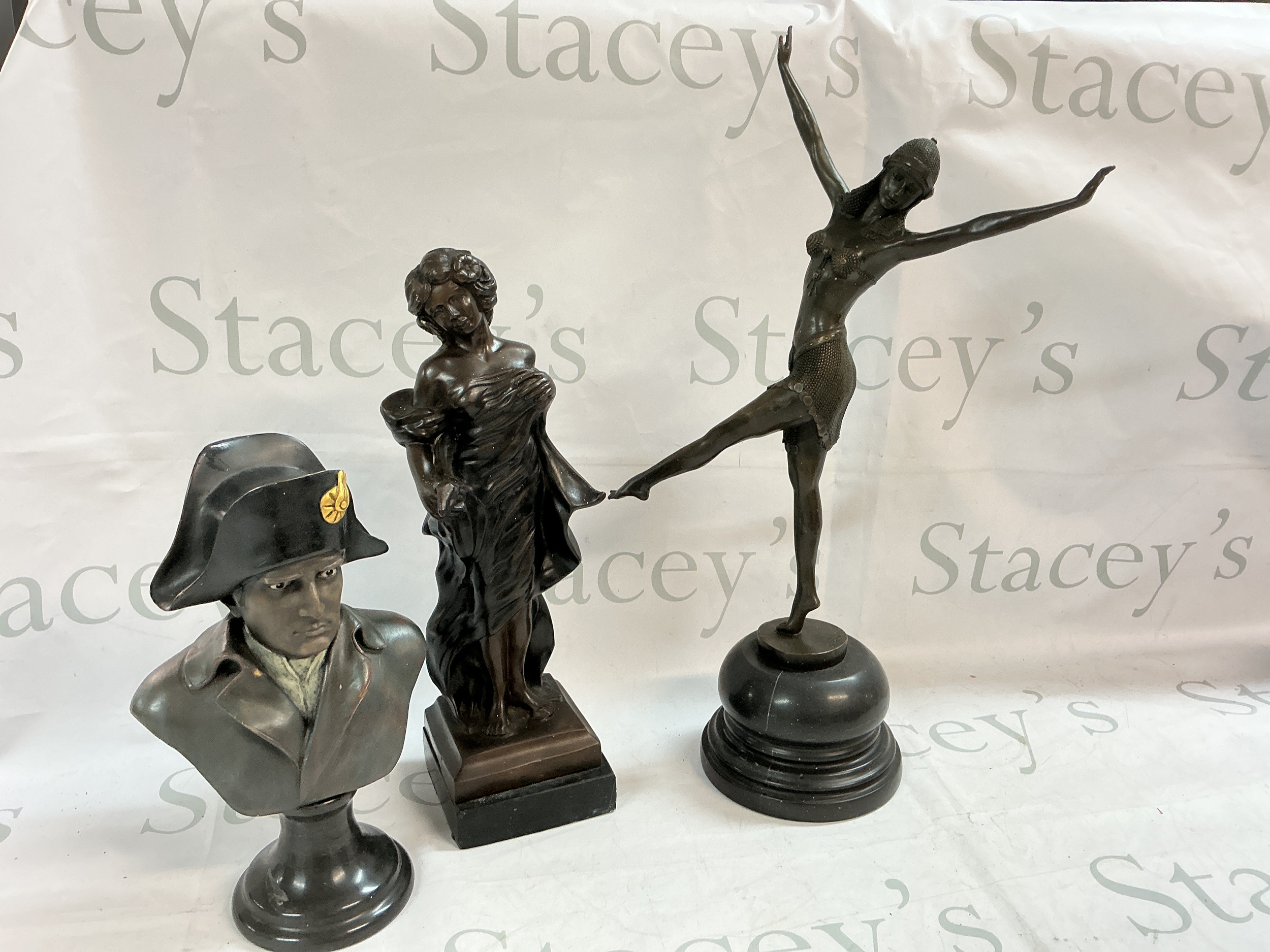 Bronze Napoleon bust, 1992 Austin bronze woman, Art Deco Chiparus dancer of Palmyra copy. 25 and 45cm tall
