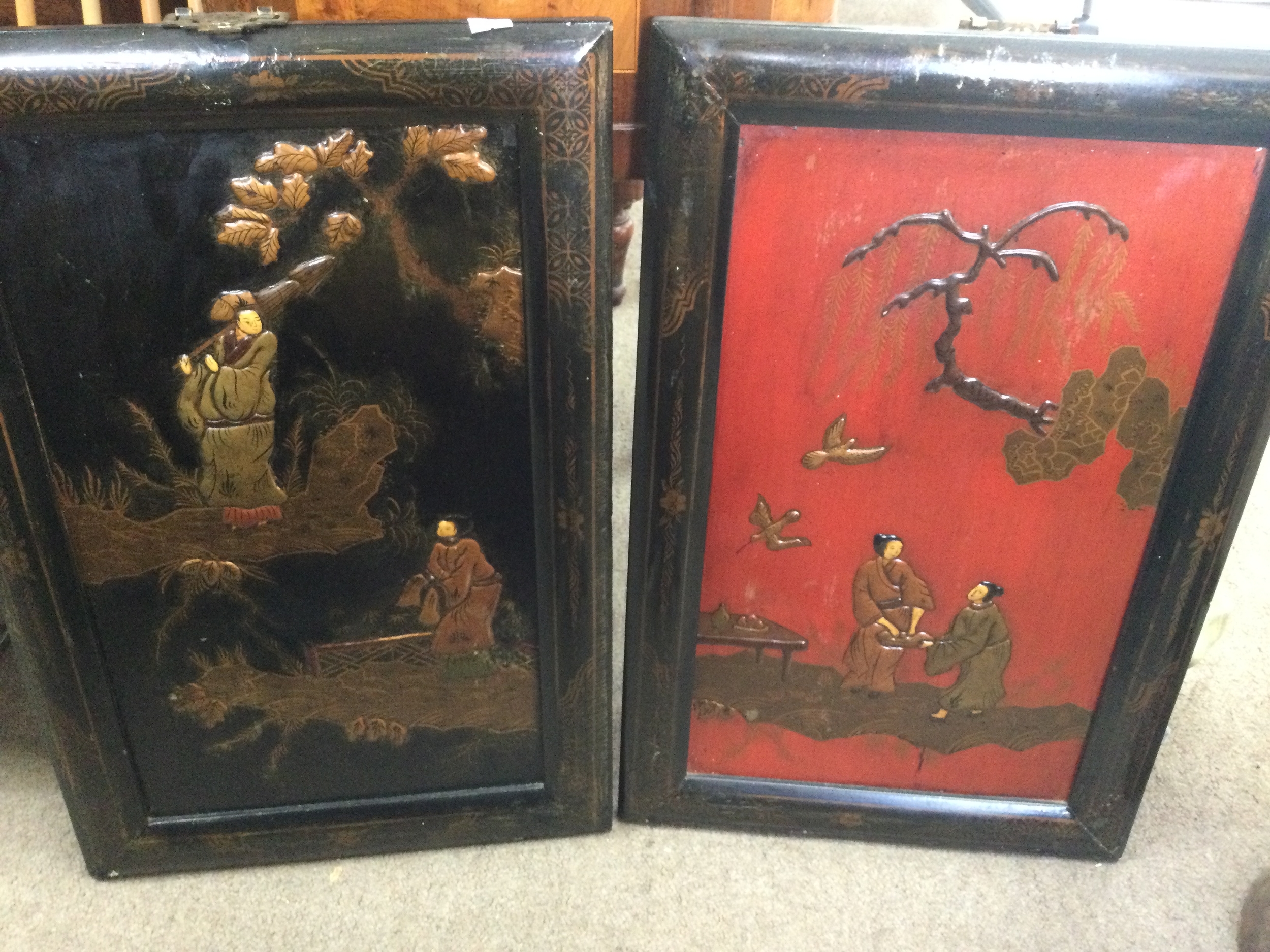 Pair of Chinese lacquer panels 60cm x 30cm