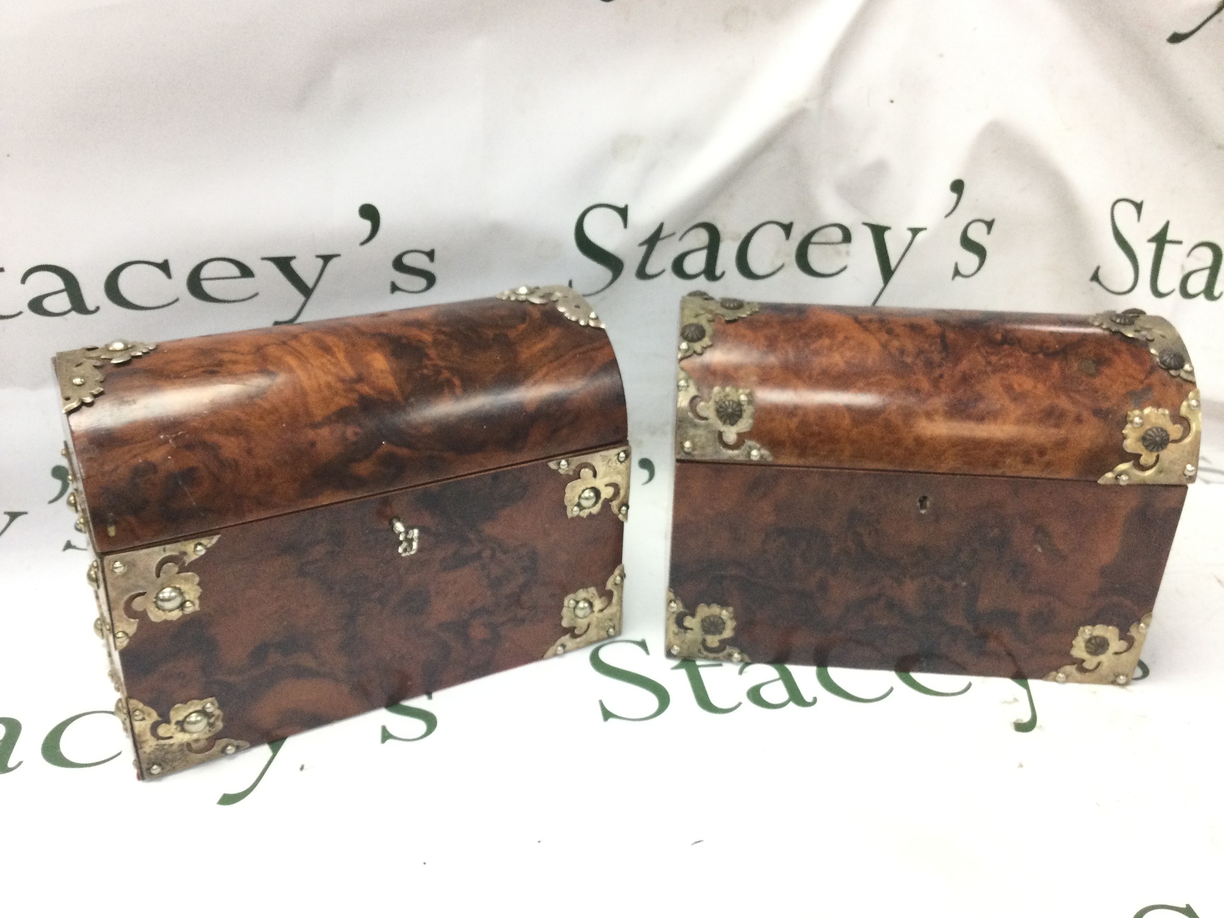 Pair of dome top walnut stationary/ letter boxes. Width 24cm, height 19cm.
