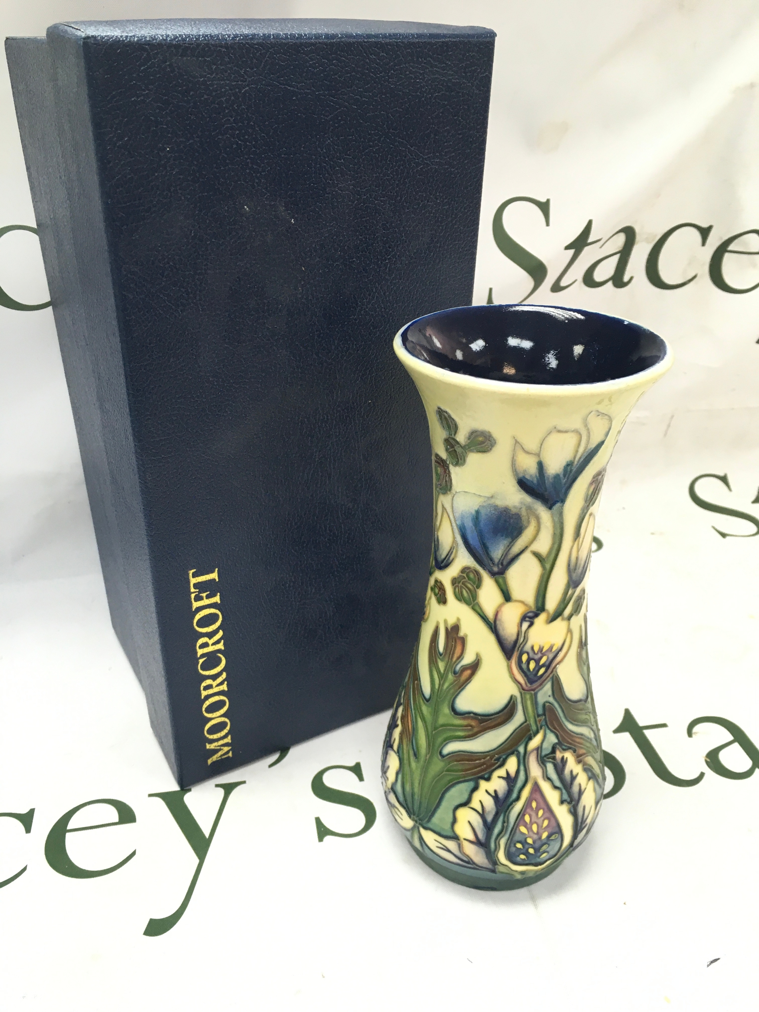 A small boxed Moorcroft Lamia vase 21cm tall. 99 JB. Crazing seen
