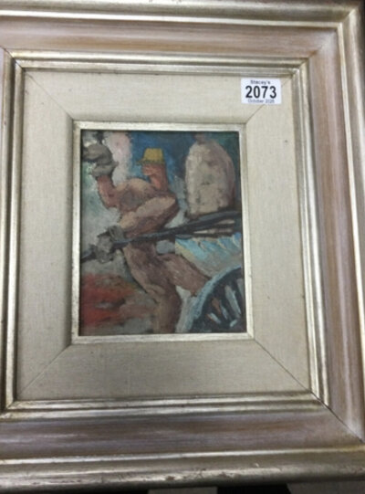 Framed oil on board depicting a modernist figure, signed E.P. Sigaud Width 15cm, height 20cm