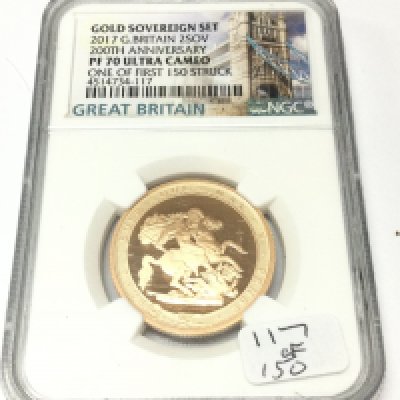 A 2017 PR70 ultra cameo graded gold double sovereign. One of first 150 struck. Postage B