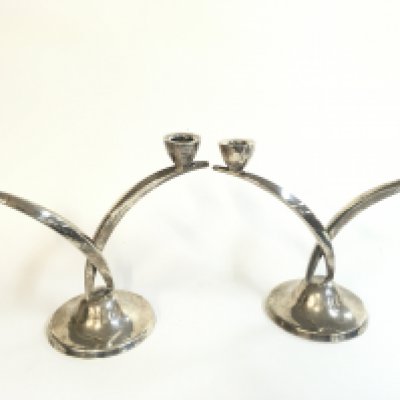 Art Deco silver candlesticks with two branches, 19cm tall. Postage category B