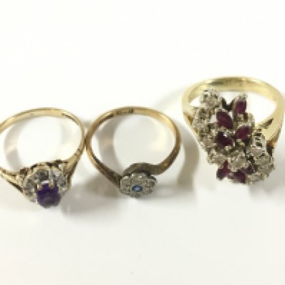 Three gold stone set rings 1x 18ct, 1x 14ct and 1x 9ct . Approx weight 18ct-1.30 grams, Approx 14ct weight- 6.65 grams, Approx 9ct weight 1.75 grams