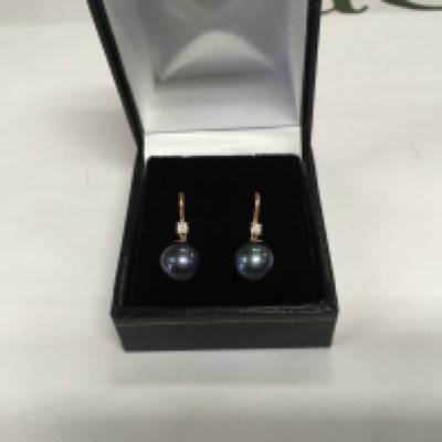 A pair of 9ct rose gold iridescent dark pearl and diamond droplet earrings. RBC diamonds approx 0.10ct. Approx 3g. Shipping category A.
