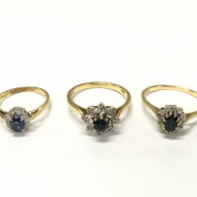 Three 18ct gold diamond and sapphire cluster rings sizesG 1/2 K N approximately 8.5g