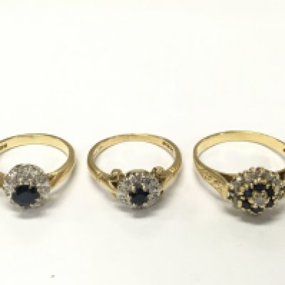 Three 18ct gold diamond and sapphire cluster rings sizes J L P approximately 10g