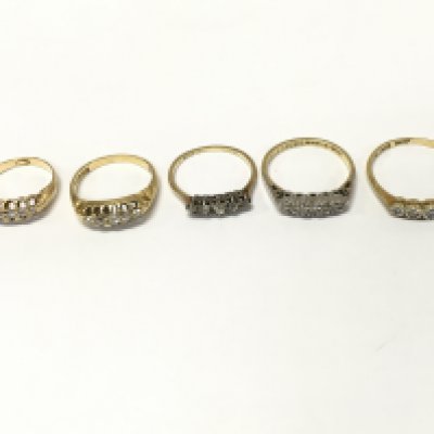Five 18ct gold diamond five stone rings, sizes H M O R approximately 12.8g