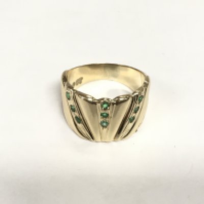 A 9ct gold and emerald dress ring, approx 5.3g and approx size M-N. Shipping category A.