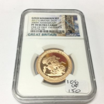 A 2017 PR70 ultra cameo graded gold double sovereign. One of first 150 struck. Postage B