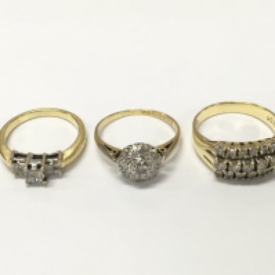 Three 18ct gold diamond cluster rings. Sizes I K1/2 and M approximately 9g