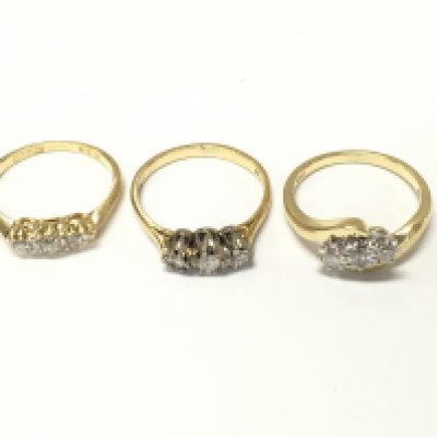 Three 18ct gold diamond three stone rings. Sizes K and L approximately 7.7g