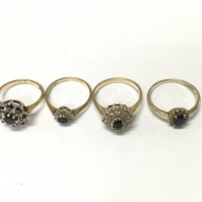 Four 9ct diamond and sapphire cluster rings. Sizes J L1/2 N approximately 9g