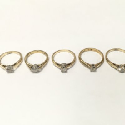 Five 9ct gold diamond solitaire rings. Sizes J L M N approximately 10.5g