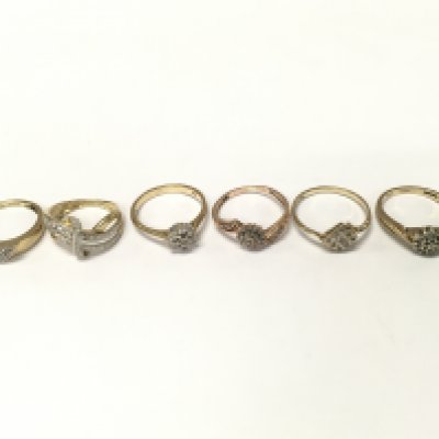 Six 9ct gold diamond cluster rings. Sizes H1/2 I1/2 K M O approximately 11.7g