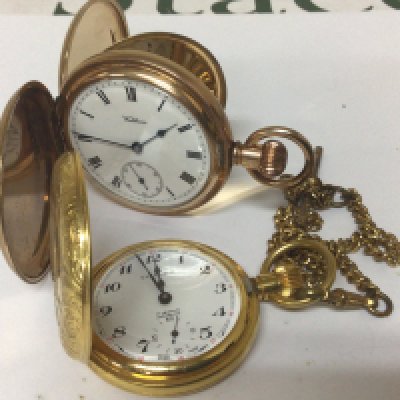 A gold plated Waltham hunter pocket watch button wind nice condition seen working no personal engraving and one other gold plated pocket watch (2)