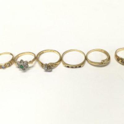 Six 18ct gold diamond and other stone rings. Sizes L L1/2 M R P approximately 18g