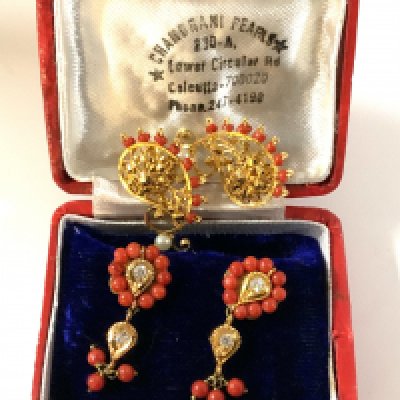 2 pair of vintage gilt stone set Mughal Indian stud earrings.