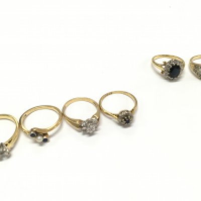 Four 18ct gold rings set with diamonds and various other stones and two unmarked gold rings sizes L,M,N. 21g total weight. postage category A