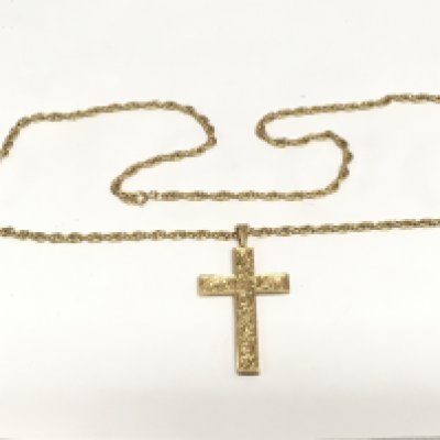 A 9ct gold cross on a 9ct gold chain, total approx 22.5g, cross 4cm in height. Shipping category A.