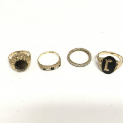 Four gold rings comprising an 18ct gold eternity ring, one set with opals and sapphires plus two others. Total approx 14g. Shipping category A.