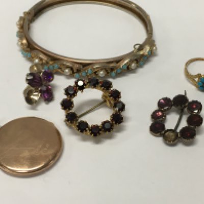 A collection of Edwardian jewellery including a bangle together with a 9 ct gold pendant 4 grams.
