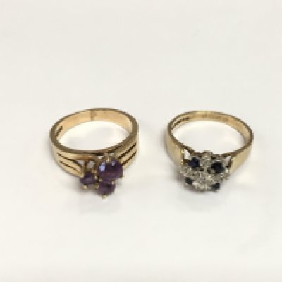 Two 9ct gold rings one set with amethyst and another set with diamonds and sapphires, total approx weight 7g and both approx size L. Shipping category A.