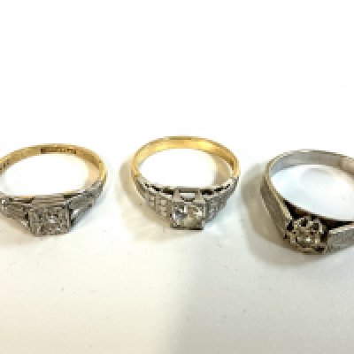 3 Gold rings. 18ct white gold and platinum solitaire diamond ring, 18ct stone set ring, 9ct white gold and diamond solitaire ring.