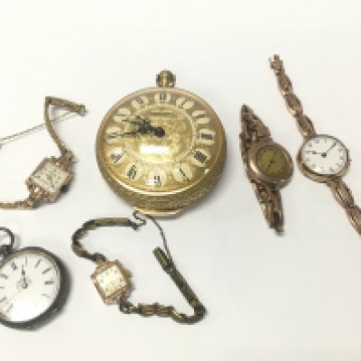 Four vintage watches including two 9 carat gold ladies watches , Ernest Borel Versailles 8 day oversized pocket watch, small silver cased pocket watch. This lot cannot be posted