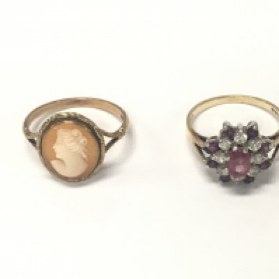 A 9ct gold cameo ring size P and 2.08g and a stone set 9ct ring 2.55g and size size N