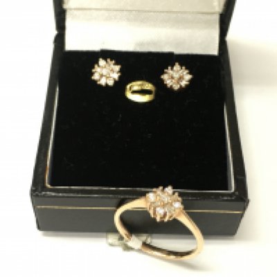 14ct rose gold diamond set ring and earrings. Ring size N 1/2