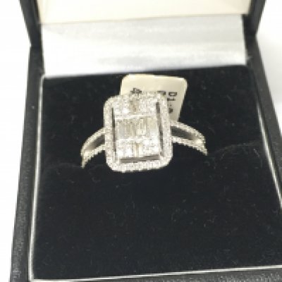 14ct white gold diamond square cluster ring.