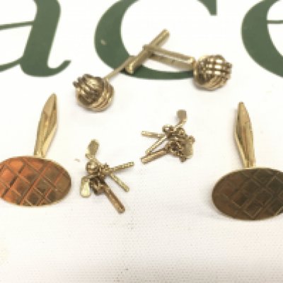 A pair of 18ct gold crosshatch patterned cufflinks and two pairs of 9ct gold cufflinks, Approx weight of 18ct 5.68 grams, Approx weight of 9ct 3.98 grams.