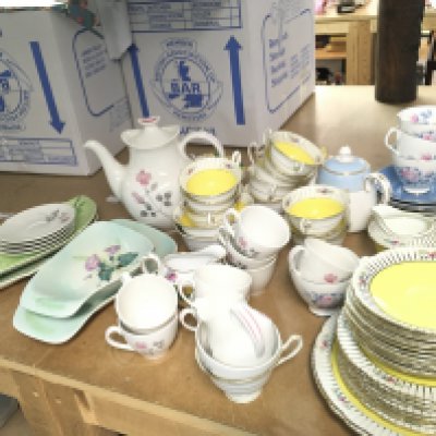 A collection of cups and saucers including Shelley, Royal Doulton Pillar Rose, Royal Albert Sorrento, Carltonware dishes. This lot cannot be posted