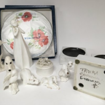 Three Troika ceramics dishes of square shape white glazed Royal Doulton and Coalport animals and figures and a boxed Worcester plate.