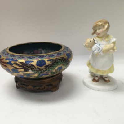 A cloisonn&eacute; bowl with stand and a royal Doulton figure. NO RESERVE