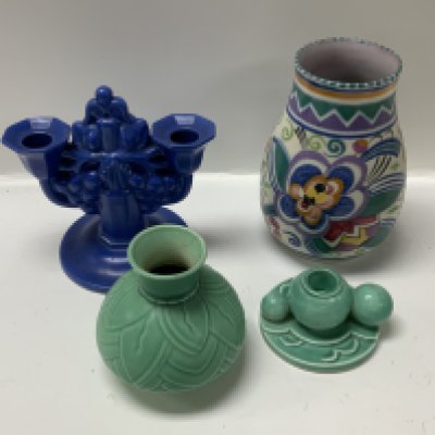 A John Adam&rsquo;s Carter, Stabler and Adam&rsquo;s double candlestick with blue glaze, Poole pottery vase together with 2 additional art deco ceramic items.