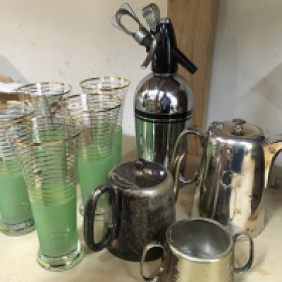 A collection of silver plated ware together with a soda syphon and five lemonade glasses