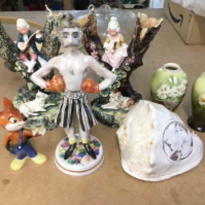 A collection of ceramics including a boxing figure and a cameo set shell etc. Postage D