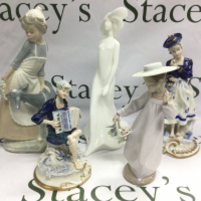 Five ceramic figures including Lladro and Royal Doulton examples. Shipping category D.