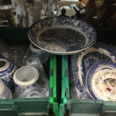 Two boxes of mainly blue and white ceramics. Shipping category D.