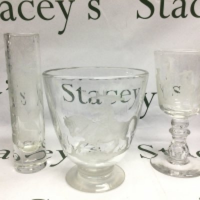 Three fine quality engraved glass items comprising a glass bowl by Norman Orr, goblet and vase. Bowl approx height 18cm. Shipping category D.