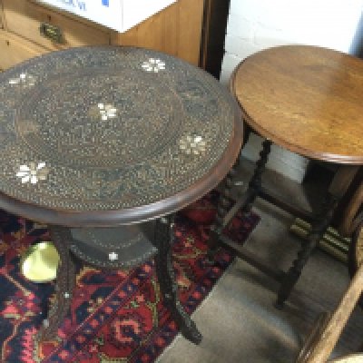 Two side tables including one with barley legs.