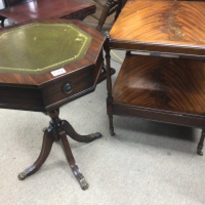 A Mahogany open display shelf and a mahogany occasional table with a leather top (2)