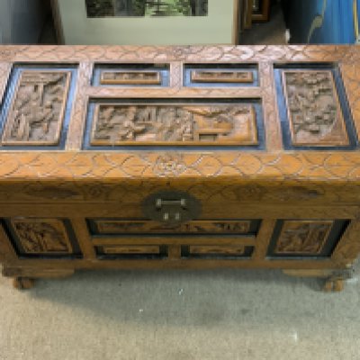 A small oriental 1920s Camphor wood chest. 69cm x 31cm x 40cm