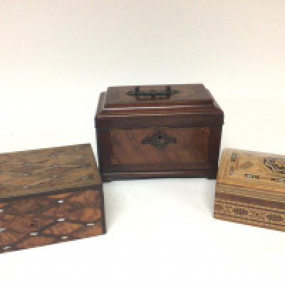 A George III mahogany and walnut inlaid tea caddy an olive wood box with two compartments and one other box (3)