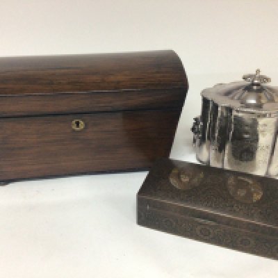 A Rosewood William IV tea caddy with a fitted interior a silver plated biscuit barrel and an Indian box (3)