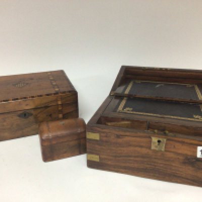 A walnut writing slope for restoration one other walnut box and a leather case containing playing cards. (3)